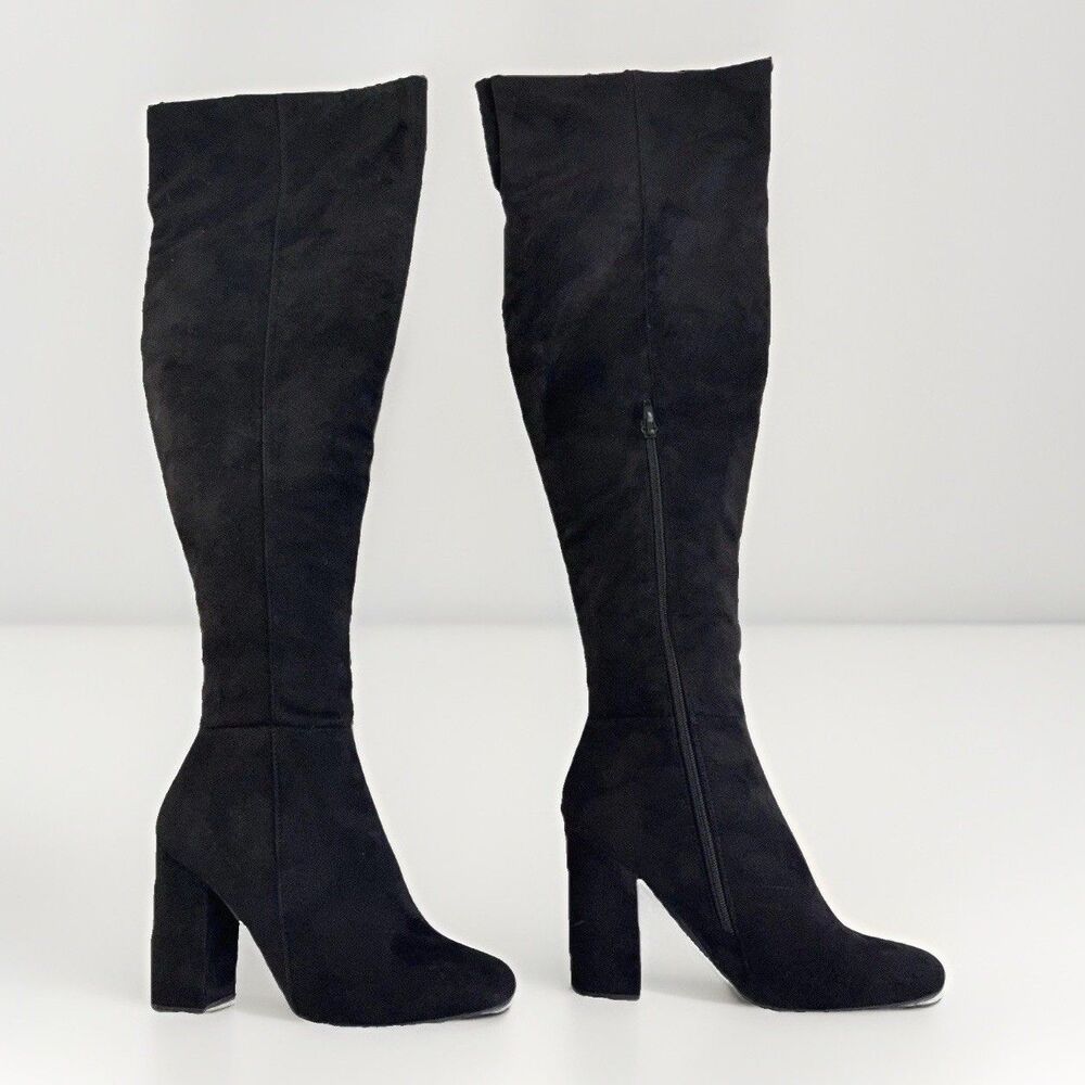 Koi Footwear Size 9 Black Faux Suede Thigh High Boots Goth Alt Chunky Block Heel